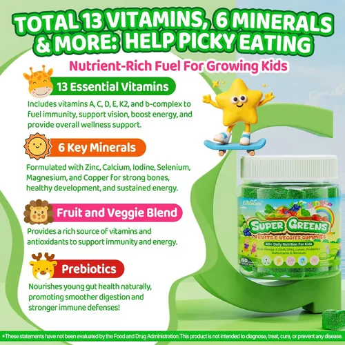 Vista 7 de Multivitaminas para niños + gomitas Super Greens para mayores de 4 años, con espirulina, clorella, espinacas, brócoli, calcio, omega-3 (DHA/EPA)
