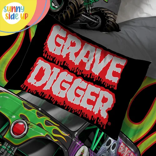Vista 6 de Sunny Side Up Monster Jam - Juego de edredón para niños pequeños, ropa de cama preescolar de 4 piezas, incluye edredón, sábanas y funda de almohada