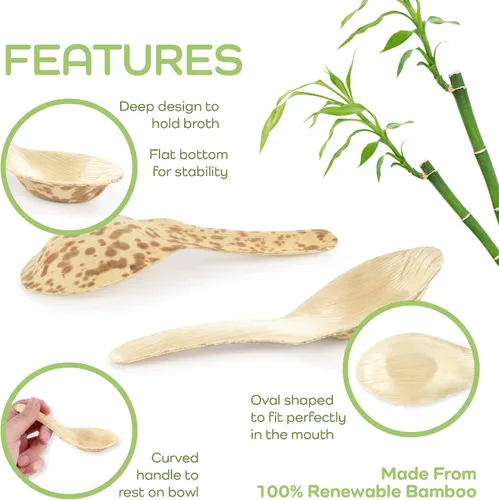 Vista 3 de BambooMN Cucharas de sopa china de hoja de bambú de 5.1 pulgadas, totalmente naturales desechables compostables para catering y uso doméstico, 100