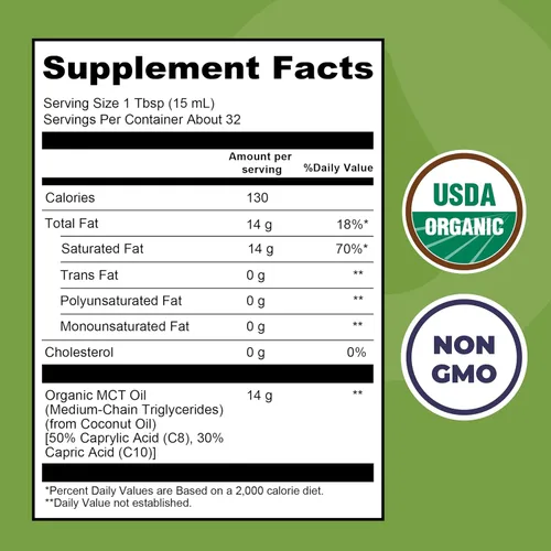 Vista 2 de Aceite MCT orgánico C10 C8 para energía mental sostenida y apoyo al enfoque, orgánico para café, batidos y más, sin palma, vegano, apto para dieta