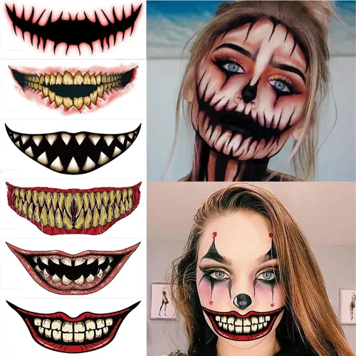 Vista 4 de Maquillaje de broma de Halloween, tatuaje temporal, juego de roles de Halloween, kit de calcomanías decorativas de tatuaje de boca grande
