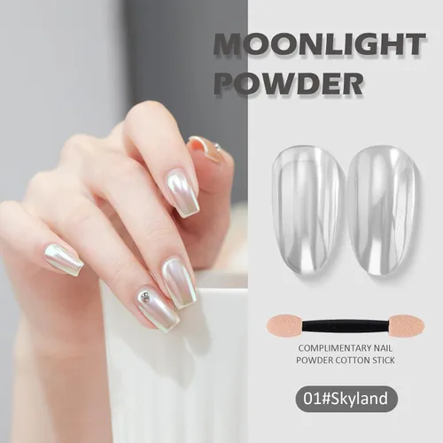 Vista 2 de Polvo de uñas cromado con efecto espejo, perla blanca, iridiscente, aurora, mágica, nacarada, joyería de uñas, polvo holográfico, pigmento