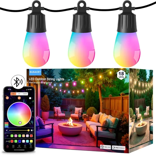 Vista 9 de Tira de luces para exteriores con control remoto, 118 (98 + 12) pies, RGB+IC+luz blanca cálida para exteriores, 36 bombillas LED, no extensibles