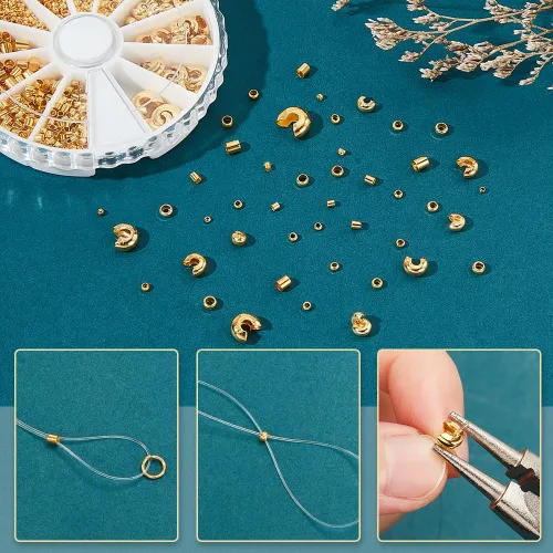 Vista 2 de PH PandaHall Acerca de 1591 piezas de kits de hallazgos de fabricación de joyas, 12 estilos de cuentas de latón dorado, cuentas de crimpado