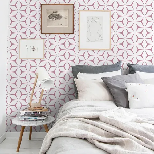 Vista 6 de Heroad Papel tapiz de color rosa moderno para despegar y pegar, papel de contacto bohemio geométrico rosa para armarios y cajones, apto
