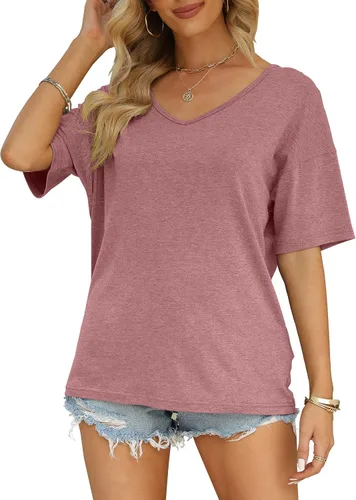 Vista 3 de MIROL Camisetas de media manga para mujer, cuello en V, de gran tamaño, sueltas, casuales, básicas, de color liso