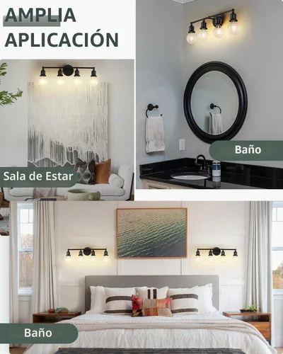 Vista 5 de Lámpara de tocador de 4 luces, aplique industrial de pared negra, lámpara de pared de baño de granja, lámpara de pared con base E26 vintage