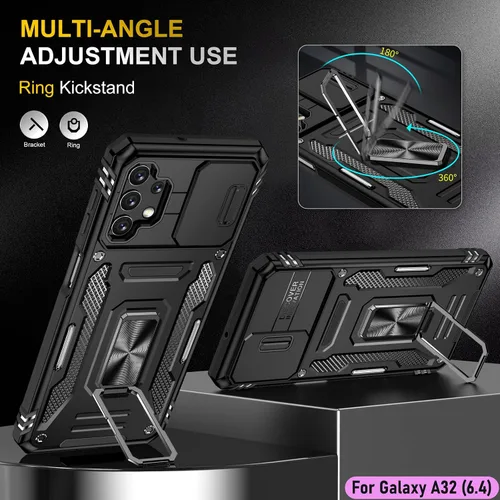Vista 5 de Funda resistente para Samsung Galaxy A32 (4G), protector híbrido de goma de doble capa de grado militar con protector de cámara deslizante, soporte