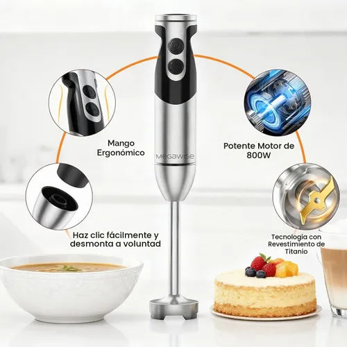 Vista 5 de Megawise Batidora de Mano de Alta Potencia – 400W de Potencia Máxima con Accesorios Versátiles 3 en 1 (Eje Mezclador, Batidor, Picadora); Diseño