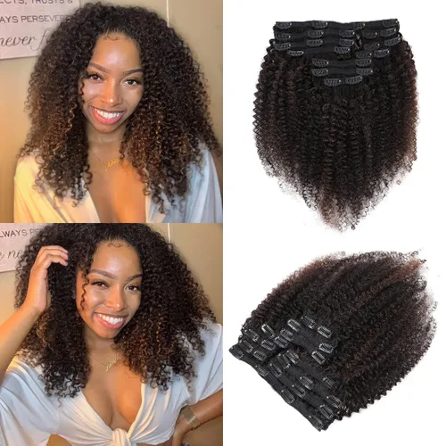 Vista 9 de Extensiones de cabello rizado con clip para mujeres afroamericanas, Urbeauty, Extensiones de cabello rizado con clip para cabello humano para chicas
