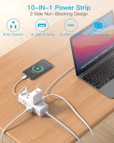 Vista 2 de One Beat Cable de extensión corto de 1 pie, regleta de alimentación de enchufe plano, protector de sobretensiones – 6 salidas amplias con 4 puertos