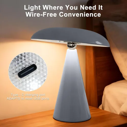 Vista 4 de Lámpara de setas de mediados de siglo moderna, lámpara de mesa LED recargable sin cable, luz de cabecera regulable táctil de 3 temperaturas