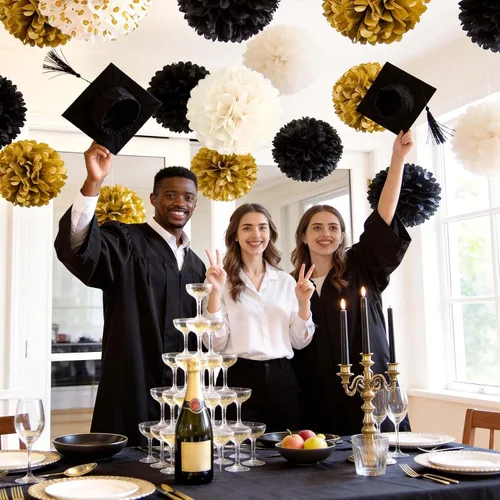 Vista 4 de NICROLANDEE Suministros de fiesta negros y dorados para graduación 2026, 12 pompones de tejido de 12 pulgadas decorativos para graduación, boda
