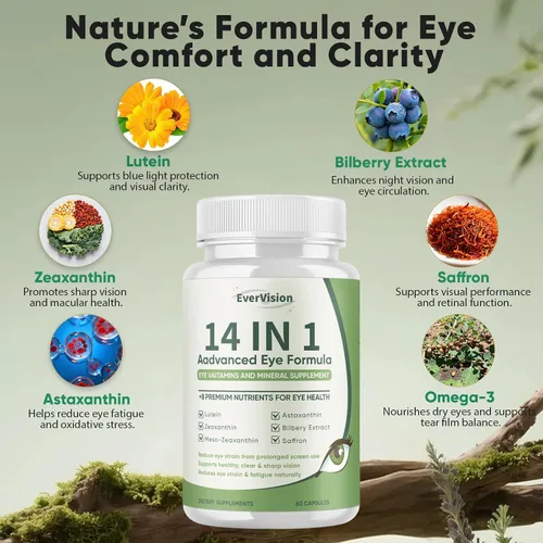 Vista 3 de Evervision 14 en 1 fórmula avanzada para ojos, suplemento mineral y vitamina neurobella para los ojos con zinc, luteína, zeaxantina y extracto