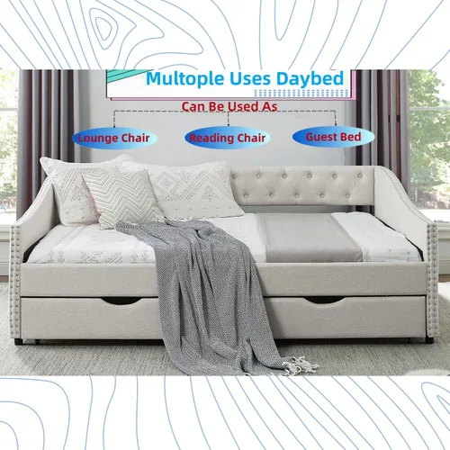 Vista 3 de Linuque - Sofá cama tapizado de tamaño matrimonial con 2 cajones de almacenamiento, marco de sofá cama de madera maciza con respaldo copetudo