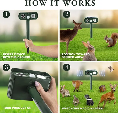 Vista 2 de Repelente ultrasónico de animales alimentado por energía solar, sistema de detección de movimiento impermeable, patio, granja, jardín, disuasorio al