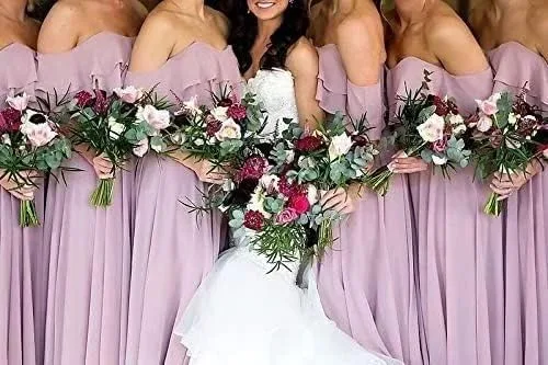 Vista 4 de Gralre Vestidos de dama de honor con hombros descubiertos para mujer, vestidos largos formales con bolsillos, vestido de fiesta de gasa