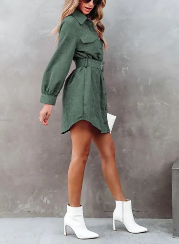 Vista 5 de Womens Corduroy Dress Shacket Jacket Shirts Lapel Long Sleeve Belted Casual Fall Winter Button Down Dress Pocket