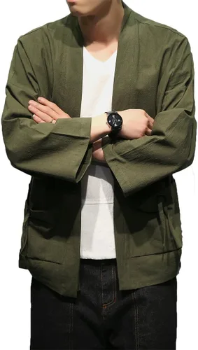 Vista 4 de Chaquetas tipo kimono con bordado de lino y mezcla de algodón para hombre