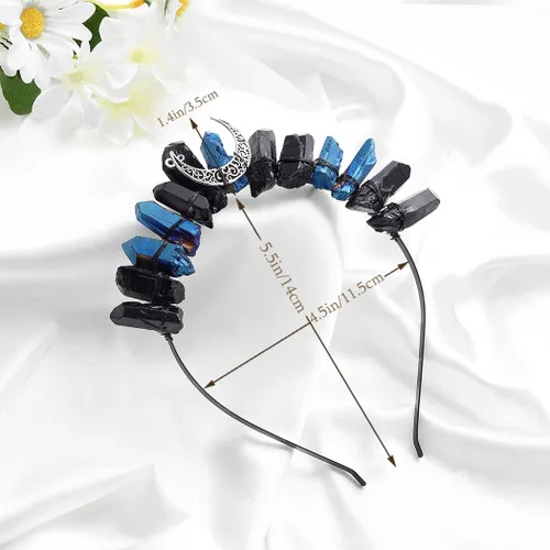 Vista 2 de Formery Diadema de corona de aura de cristal luna hueca negra tiara de piedra natural banda para el cabello fiesta festival Halloween disfraz hecho