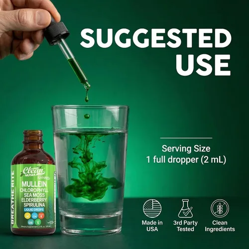 Vista 6 de Clean Nutra Gotas de Gordolobo para Pulmones Clorofila Orgánica Líquida Musgo Marino Irlandés, Espirulina, Regaliz, Cereza Ácida, Lobelia, Agripalma