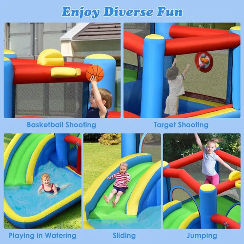Vista 7 de BOUNTECH Tobogán acuático inflable, casa hinchable para niños de 5 a 12 años, para fiestas en interiores y exteriores, con soplador de 480 W, bolas