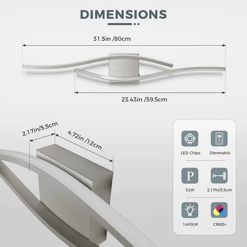 Vista 4 de Joossnwell Luces de tocador de níquel cepillado para accesorios de iluminación de baño, sobre espejo, regulables, 5CCT, moderno, lámpara de pared