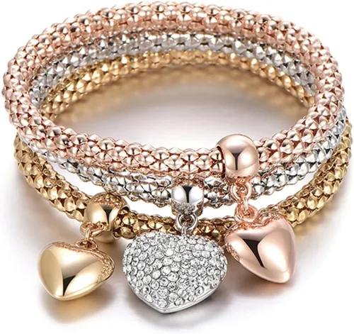 Vista 2 de Pulseras multicapa con dijes de cristal, 3 unidades, oro y plata, oro rosa, pulsera elástica en forma de corazón para mujer, árbol de la vida
