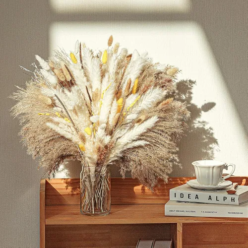 Vista 4 de Decoración de hierba de las pampas sintética y naturaleza pompas florales esponjosas para boda, flores bohemias, decoración de mesa para el hogar
