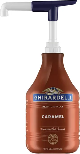 Vista 9 de Ghirardelli Salsa de caramelo, botella de 87.3 onzas (5 libras 7.3 onzas) con cuchara y bomba de barista estampada Ghirardelli