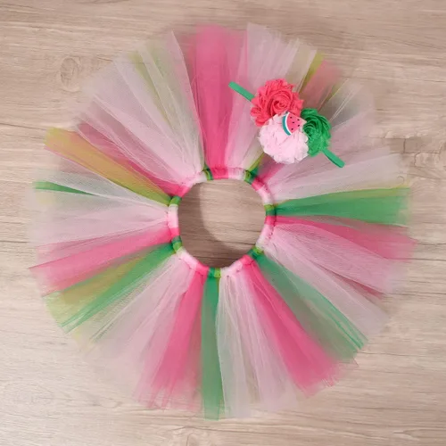 Vista 4 de Traje de tutú de algodón para bebé niña, piña, melocotón, sandía, 1er cumpleaños, falda tutú, diadema
