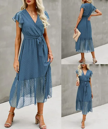 Vista 5 de BTFBM Vestido de verano para mujer bohemio floral casual con cuello en V con volados sin mangas con cinturón acampanado dobladillo plisado con vuelo