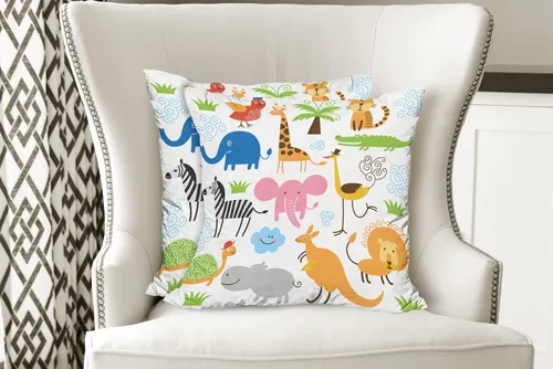 Vista 7 de Ambesonne Paquete de 2 fundas de cojín de animales, diseño de jirafa, elefante, cebra, tortuga, niños, guardería, estampado de dibujos animados
