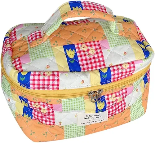 Vista 8 de Bolsa de cosméticos de viaje, bolsa de maquillaje de algodón, bolsa de aseo acolchada con hermoso patrón floral, bolsa de cosméticos de gran 04-C