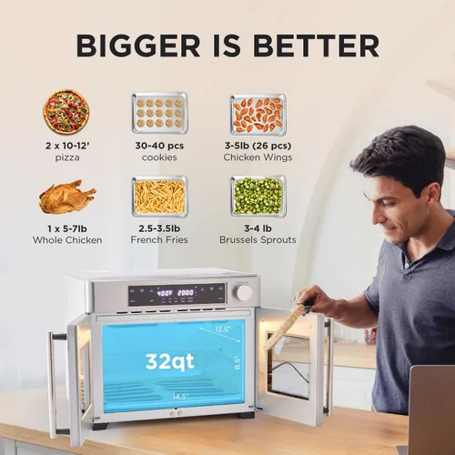 Vista 5 de Ivation Horno freidora de aire de doble zona con puerta francesa - 32 cuartos de galón, horno tostador de convección combinado, multifunción de 10