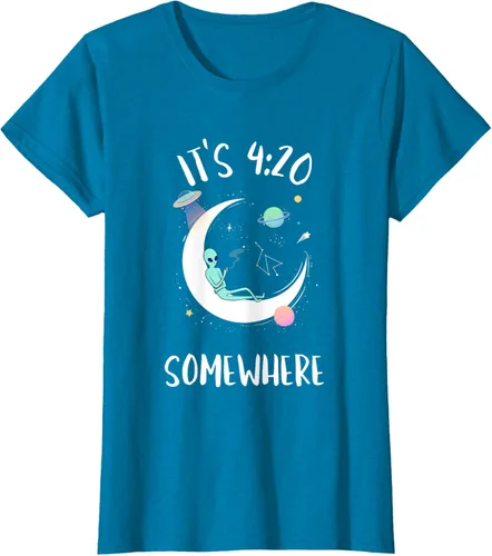 Vista 52 de Funny Weed Joint Smoking Moon Alien It's 4:20 Somewhere Camiseta, Negro, S
