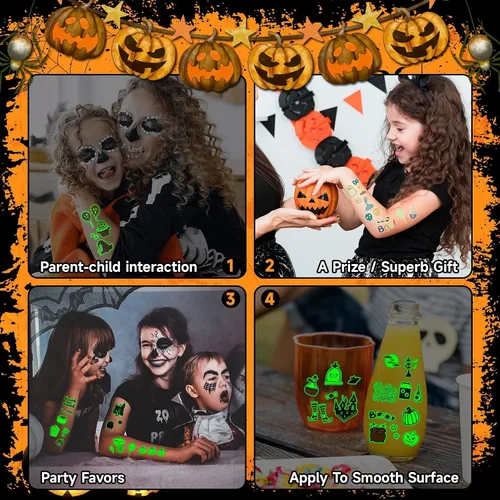 Vista 7 de EMOME Más de 500 estilos de tatuajes de Halloween brillantes para niños a granel, lindos tatuajes temporales para niños, golosinas de Halloween