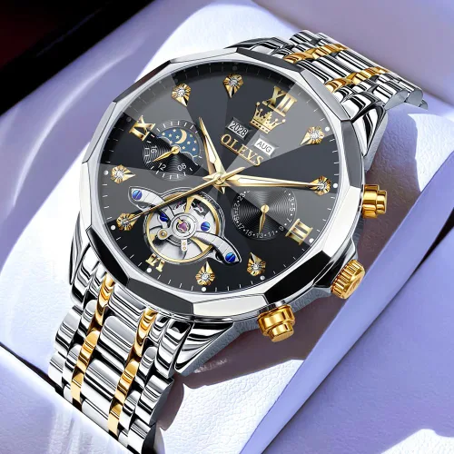 Vista 16 de OLEVS Reloj de pulsera automático con diseño de esqueleto para hombre, de lujo, con diamantes de lujo, de acero inoxidable, calendario, reloj