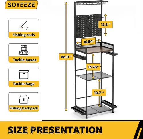 Vista 3 de SOYEEZE Soporte para caña de pescar para garaje, resistente soporte para caña de pescar de 4 niveles con capacidad para hasta 12 cañas con tablero