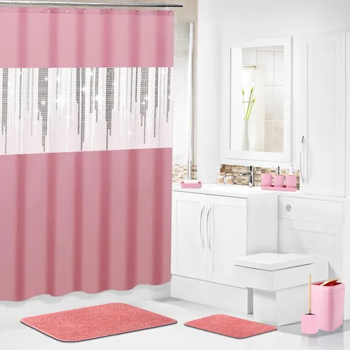 Vista 2 de Juego de accesorios de baño rosa con cortina de ducha y alfombras con purpurina, juegos de baño con alfombras de baño extrasuaves y absorbentes