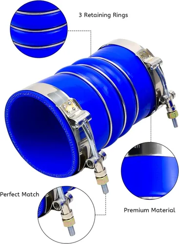Vista 5 de Mangueras intercooler de silicona con abrazaderas para camiones semi Turbocompresor de 3 1/2 pulgadas x 6 3/8 pulgadas, manguera azul de joroba