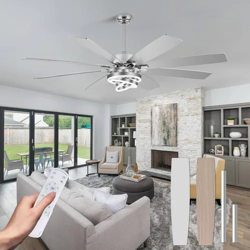 Vista 9 de Modernos ventiladores de techo de 52 pulgadas con luces, color plateado Remote/APP, 3 Adjustable Rings, 2550ML, 3000-6000K, Reversible DC Motor