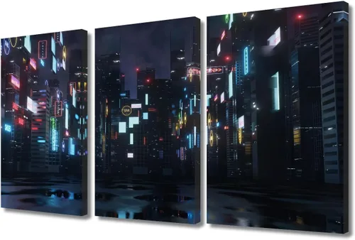Vista 113 de Arte de pared de 3 piezas de escena de ciencia ficción de la calle comercial futurista paisaje urbano, decoración de pared para dormitorio