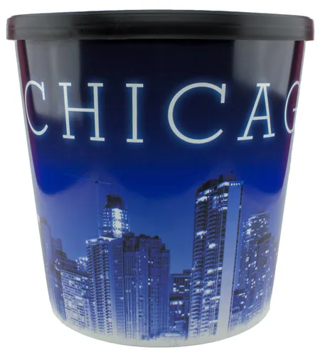 Vista 4 de Signature Popcorn - Cubo de plástico reutilizable gourmet de 1 galón Blue Chicago Skyline - Palomitas de maíz de queso cheddar - Regalo