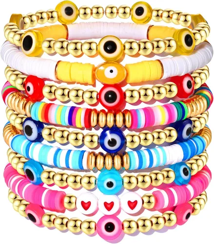 Vista 64 de Surfer Heishi - Pulseras apilables para mujer, apilables, de vinilo arcoíris, disco de arcilla, pulseras elásticas para la amistad, joyería bohemia