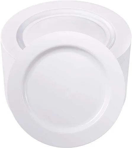Vista 14 de bUCLA 100 platos de plástico con borde plateado, platos desechables de 7.5 pulgadas, ideales para bodas, fiestas y Navidad