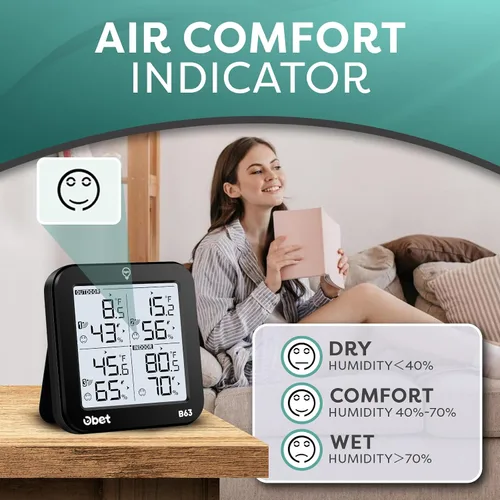 Vista 4 de OBET Termómetro inalámbrico para interiores y exteriores con 3 sensores, estación meteorológica, monitor de temperatura y humedad, rango de 500 pies