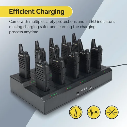 Vista 2 de Retevis RT22 Radio Bidireccional, Walkie Talkies Recargables de Largo Alcance (Paquete de 10) con Cargador de 10 Vías, Barra de Progreso de Carga