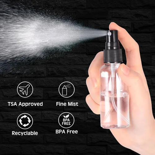 Vista 4 de Roshtia Mini botellas de plástico de 2 onzas con tapa, botellas de spray de niebla fina vacías transparentes, contenedor de líquido recargable