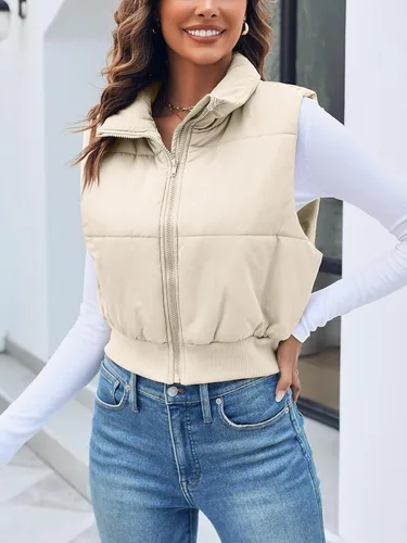 Vista 4 de Imily Bela Chaleco acolchado ligero para mujer, cuello alto, sin mangas, con cremallera